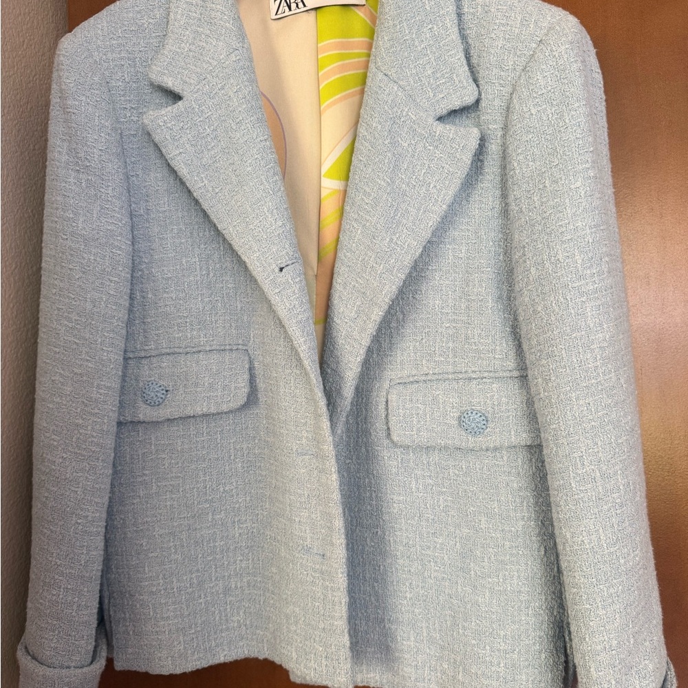 Zara Women's Soft Blue Tweed Blazer
